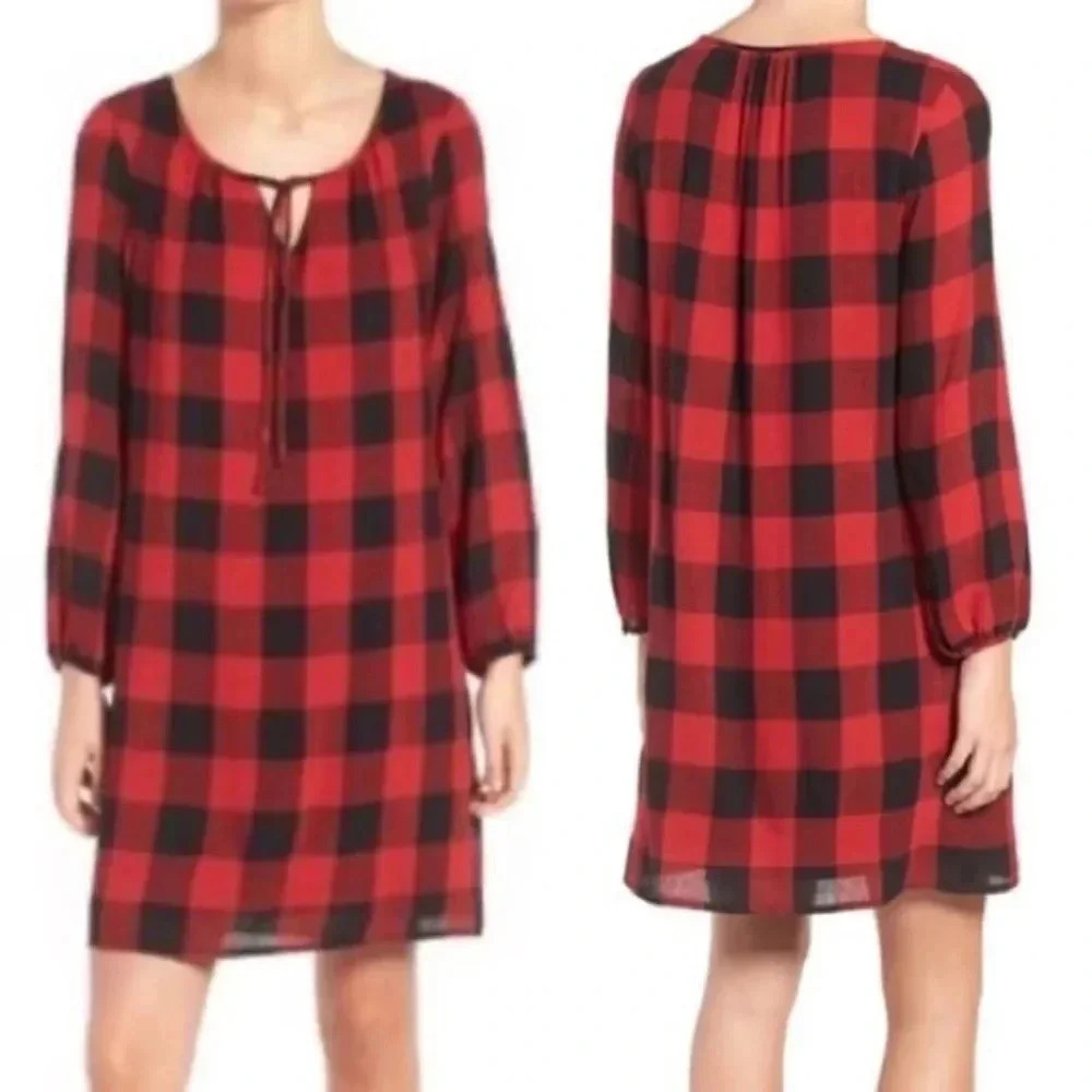 MADEWELL Red & Black Buffalo Plaid Wool Blend Tie Neck Shift Dress Size XXS